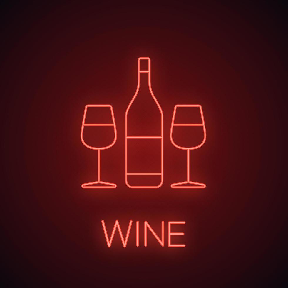 Wine and two glasses neon light icon. Bar glowing sign. Champagne. Vector isolated illustration