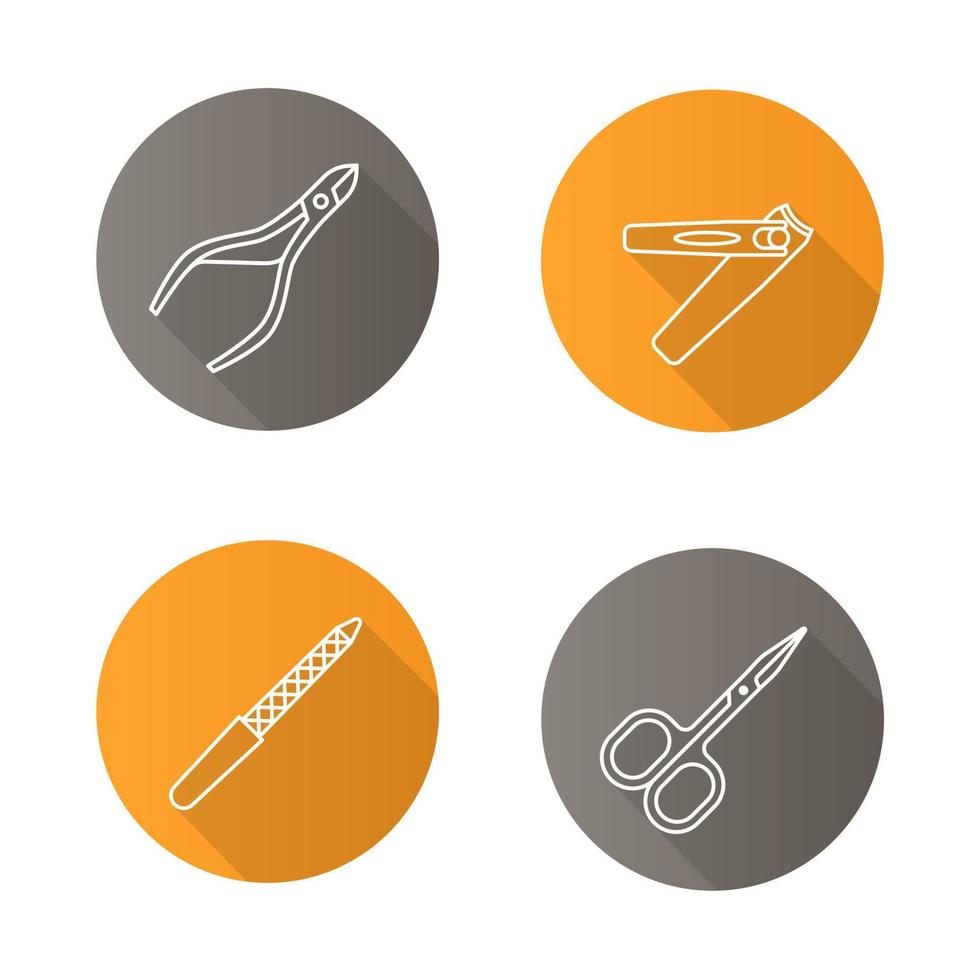 Manicure flat linear long shadow icons set. Pedicure and manicure equipment. Cuticle nipper, scissors, nail file, tweezers. Vector line illustration