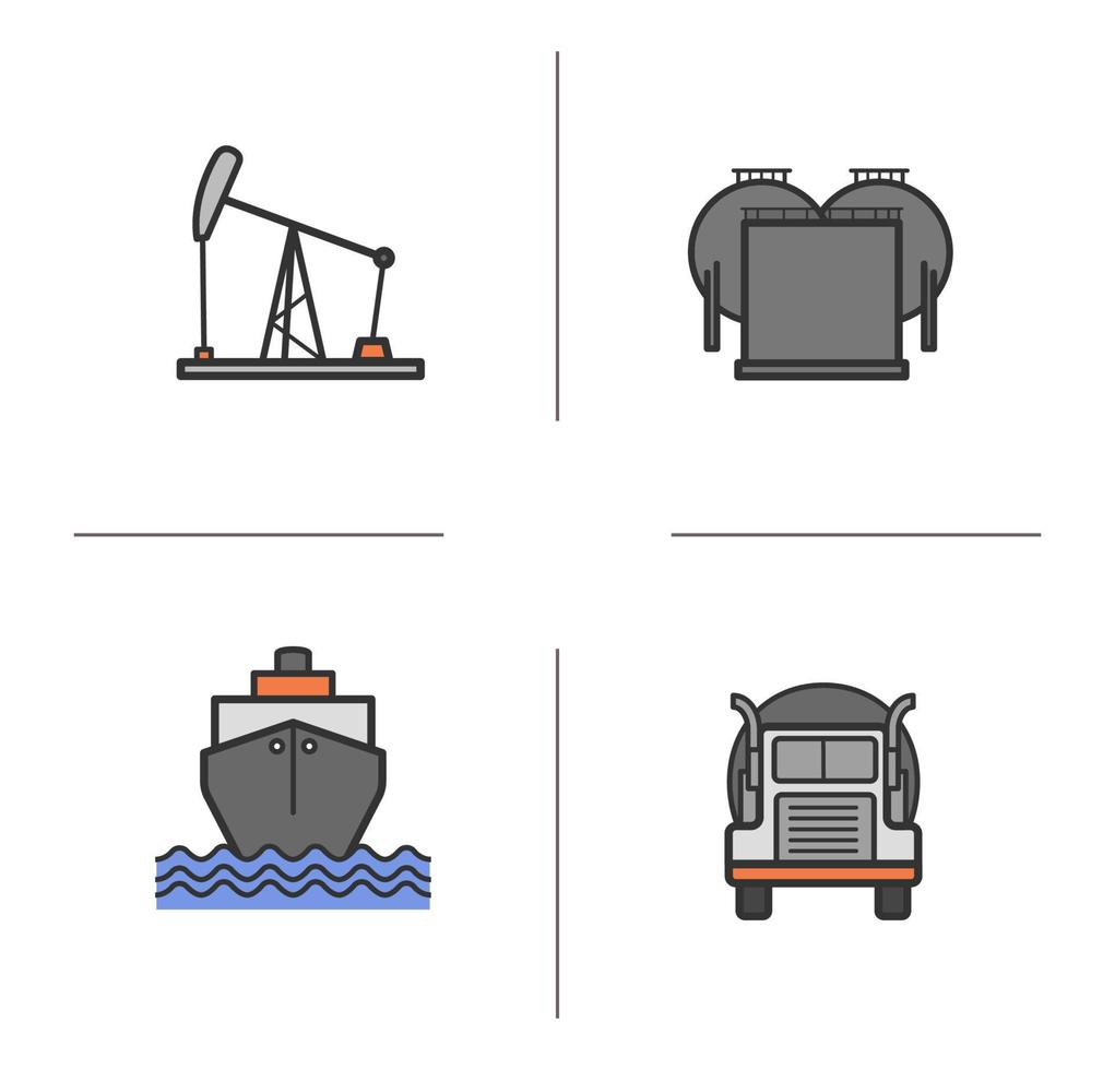 Oil industry color icons set. Transportation truck, shipping tanker, oil derrick and storage. Isolated vector illustrations