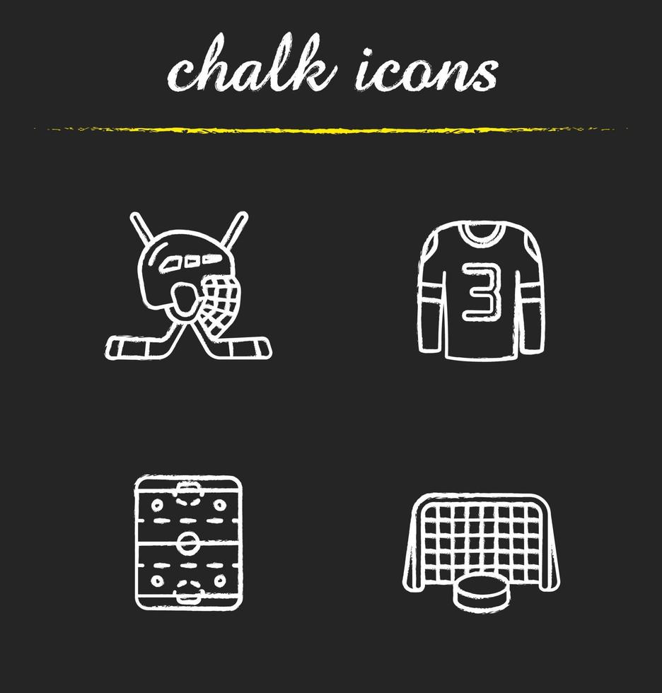 Hockey chalk icons set. Sticks and helmet, rink, shirt, puck in gates. Isolated vector chalkboard illustrations