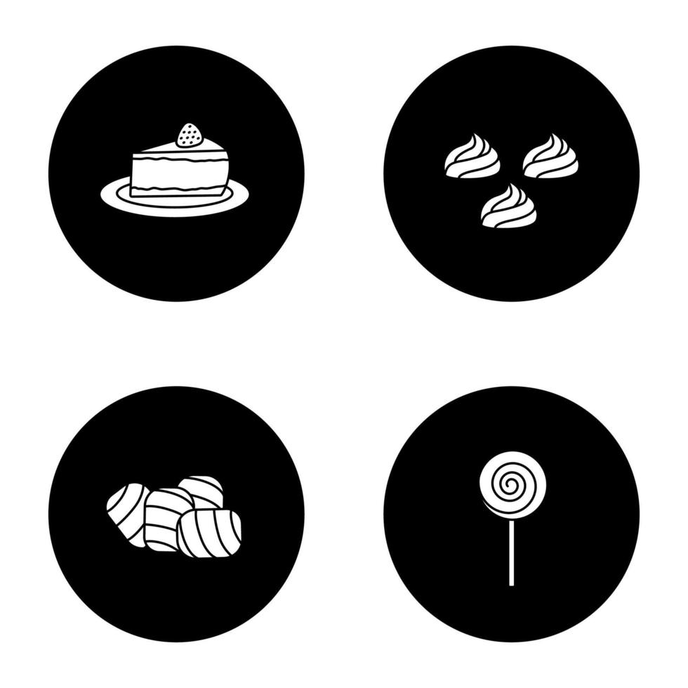 Condectionery glyph icons set. Coffee house menu. Cheesecake, meringues, marshmallow, spiral lollipop. Vector white silhouettes illustrations in black circles