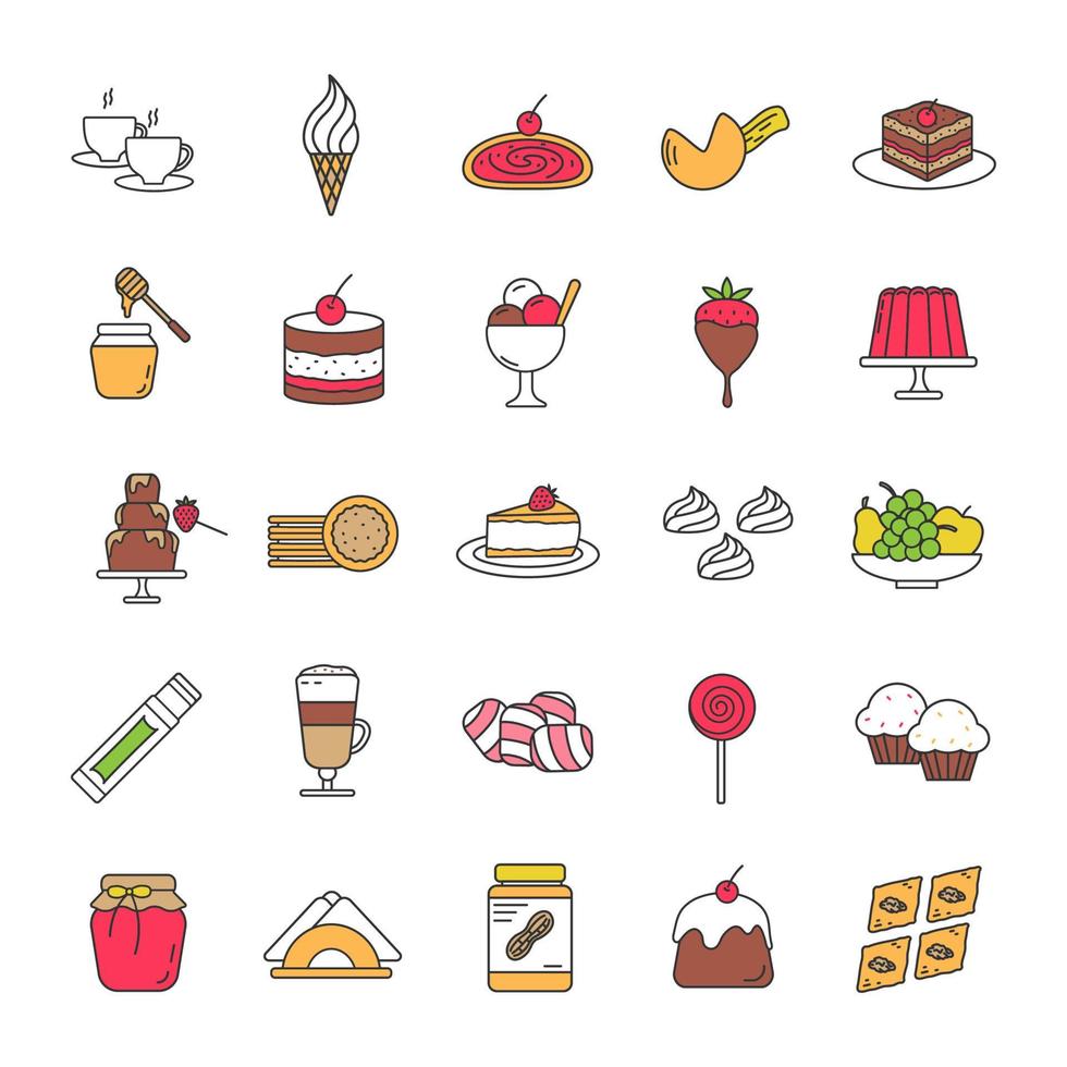 Confectionery color icons set. Coffee house menu. Sweets, cakes, hot drinks, desserts. Isolated vector illustrations