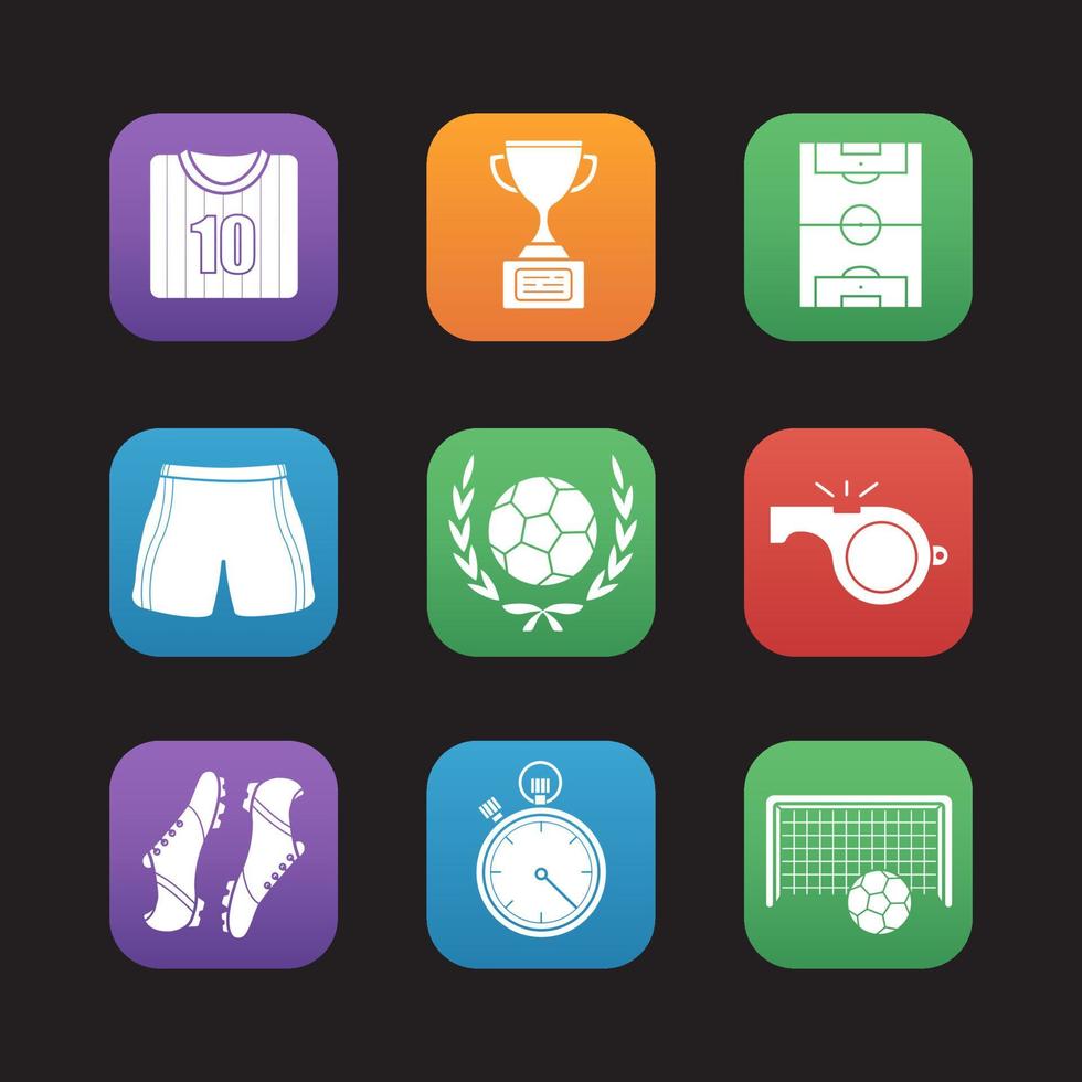 Soccer flat design icons set. Football player's shirt, shoes and shorts, field, whistle, stopwatch, gate, ball in laurel wreath, winner's gold cup. Web application interface. Vector illustrations