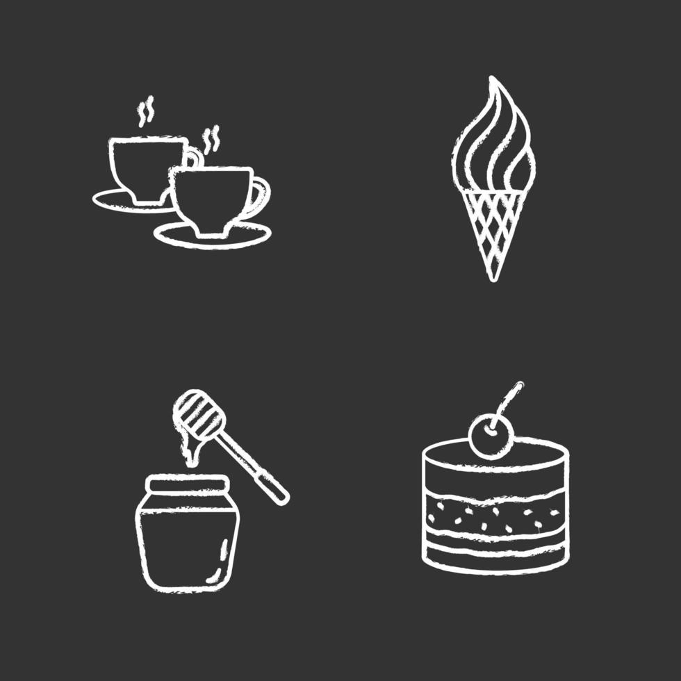 Conjunto de iconos de tiza de confitería. menú de la cafetería. bebida caliente, cono de helado, tarro de miel, tiramisú. ilustraciones de pizarra vector aislado