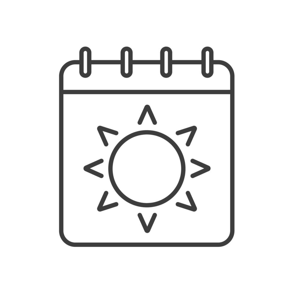 Summer season linear icon. Thin line illustration. Calendar page with sun contour symbol. Vector isolated outline drawing