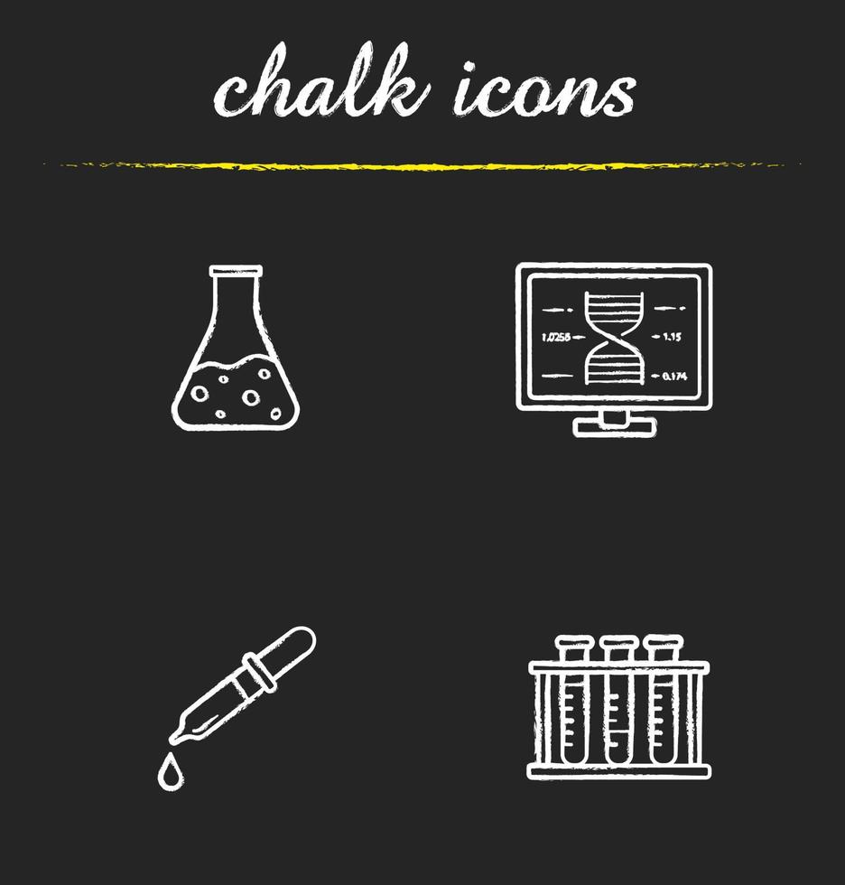 Science laboratory chalk icons set. Dna research, beaker with liquid, medical dropper, test tubes rack. Isolated vector chalkboard illustrations