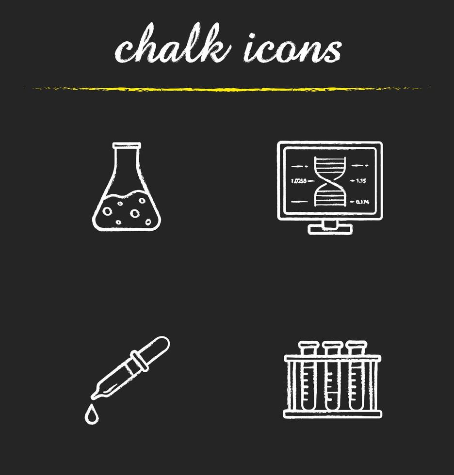 Conjunto de iconos de tiza de laboratorio de ciencia. investigación de adn, vaso de precipitados con líquido, gotero médico, soporte para tubos de ensayo. ilustraciones de pizarra vector aislado