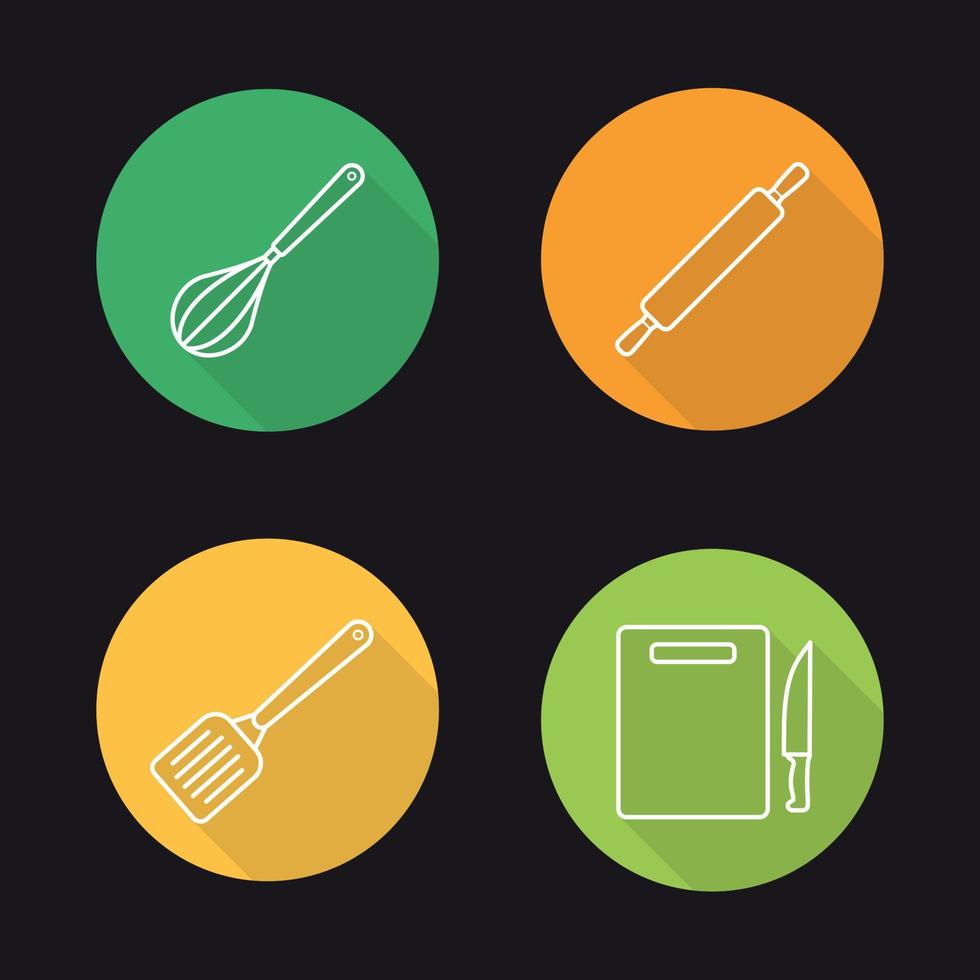 Kitchen tools flat linear long shadow icons set. Cooking instruments. Whisk, rolling pin, spatula and cutting board with knife. Vector line illustration