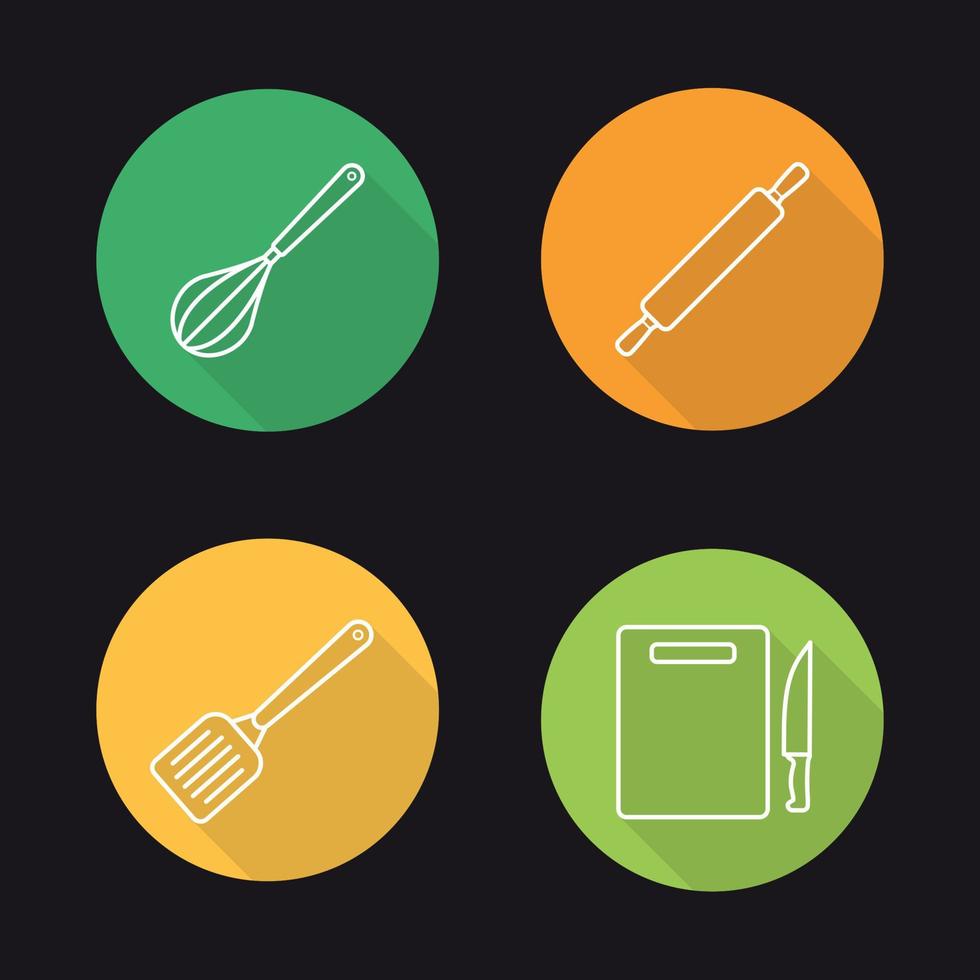 Conjunto de iconos de larga sombra lineal plana de herramientas de cocina. instrumentos de cocina. batidor, rodillo, espátula y tabla de cortar con un cuchillo. ilustración de línea vectorial vector