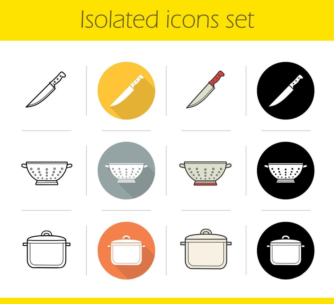 conjunto de iconos de utensilios de cocina. diseño plano, estilos lineales, negros y de color. cuchillo, colador, cacerola. ilustraciones vectoriales aisladas vector