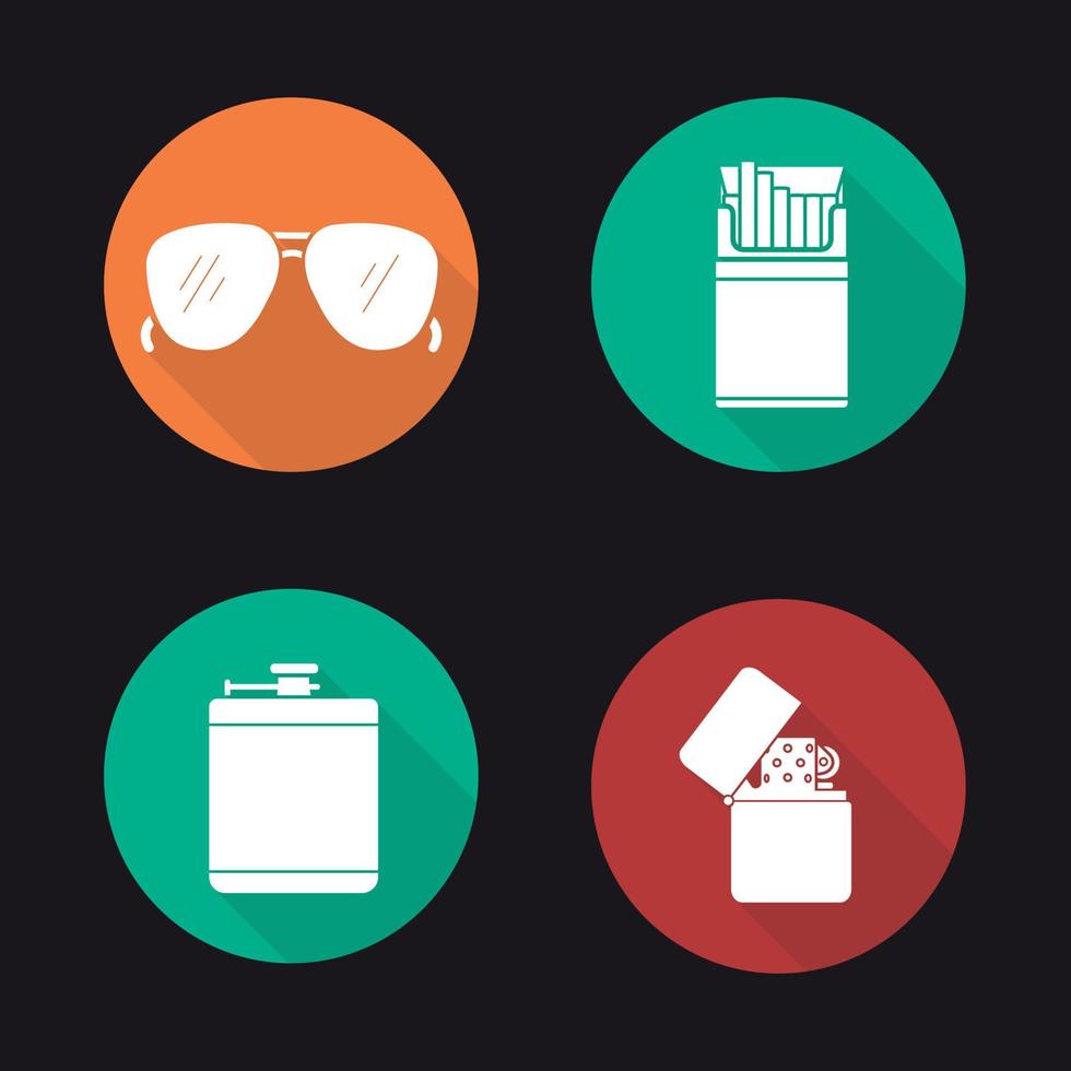 Men's accessories flat design long shadow icons set. Alcohol hip flask, open cigarette pack, sunglasses and flip lighter. Vector silhouette illustration