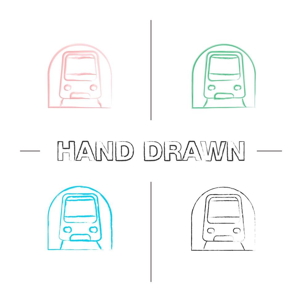 Metro hand drawn icons set. Subway, underground. Rapid transit. Color brush stroke. Isolated vector sketchy illustrations