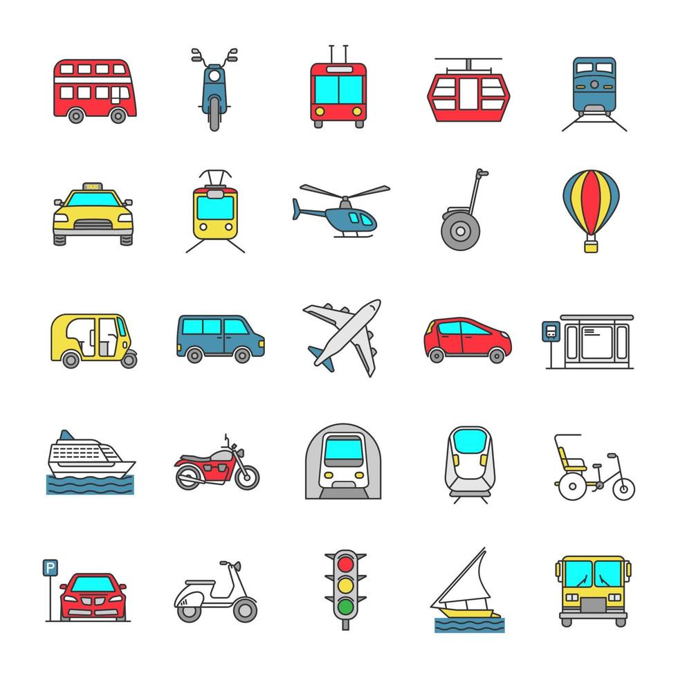 conjunto de iconos de colores de transporte público. vehículos acuáticos, terrestres y aéreos. modos de transporte. ilustraciones vectoriales aisladas vector