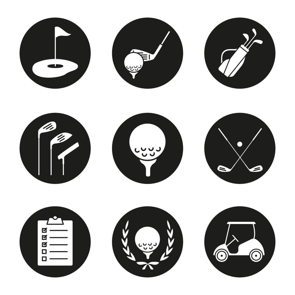 Golf icons set. Ball on tee, golf cart, clubs, golfer's checklist, championship symbol, bag, course, flagstick in hole. Vector white silhouettes illustrations in black circles