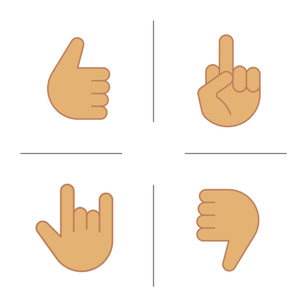 Hand gestures color icons set. Thumbs up, dislike, heavy metal, middle finger up. Isolated vector illustrations