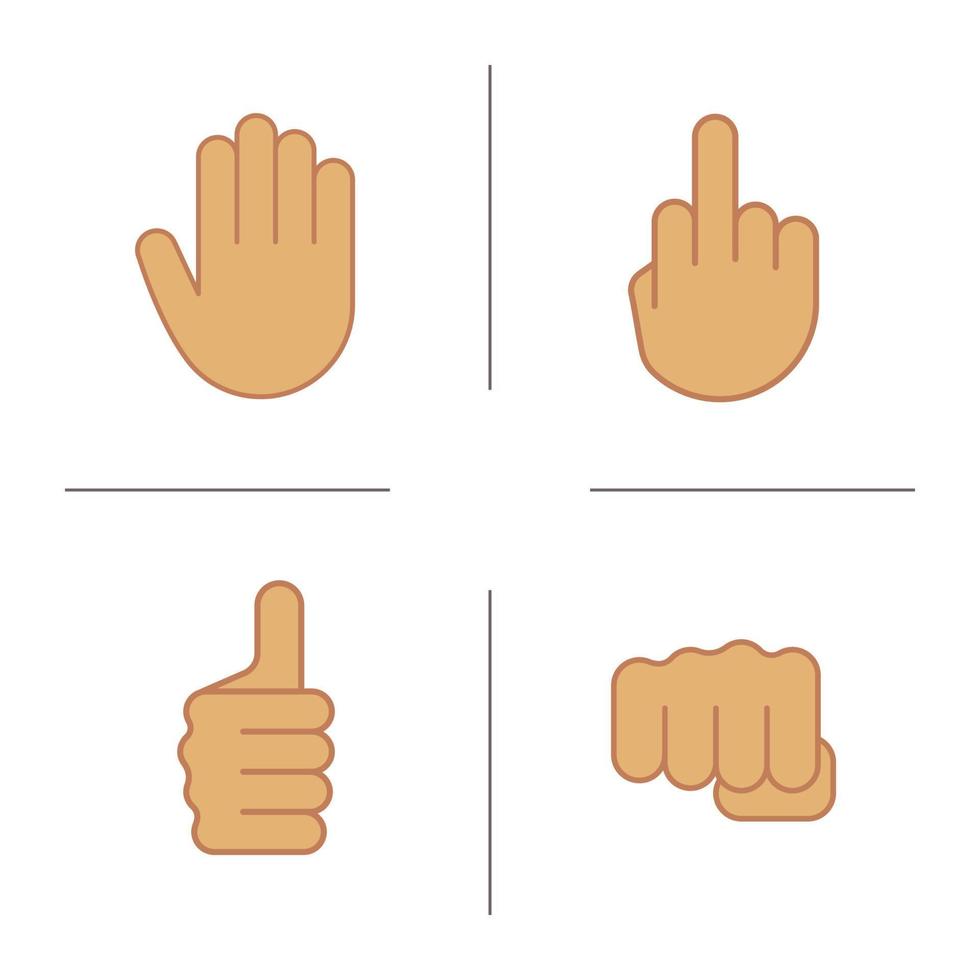 Hand gestures color icons set. Middle finger up, palm, punch, thumbs up. Isolated vector illustrations