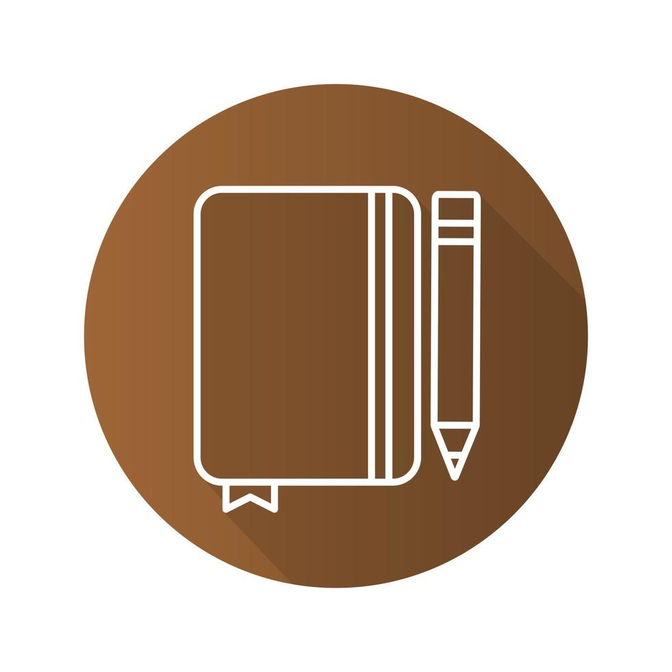 Diary notebook with pencil. Flat linear long shadow icon. Notepad with bookmark. Vector line symbol