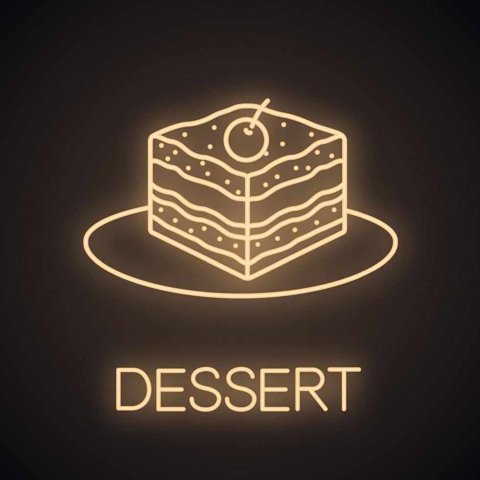 Tiramisu neon light icon. Cake with cherry. Glowing sign. Vector isolated illustration