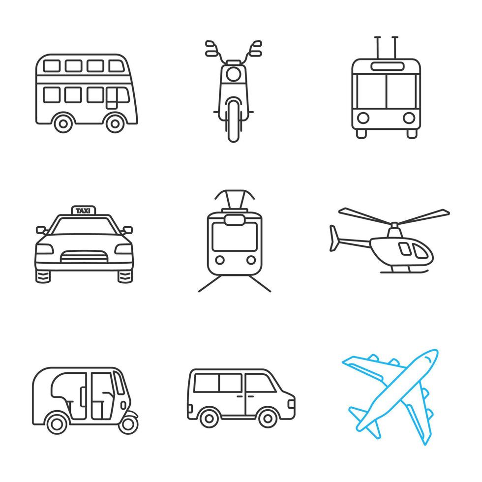Public transport linear icons set. Double decker bus, scooter, trolleybus, taxi, tram, helicopter, auto rickshaw, minivan, airplane. Thin line contour symbols. Isolated vector outline illustrations