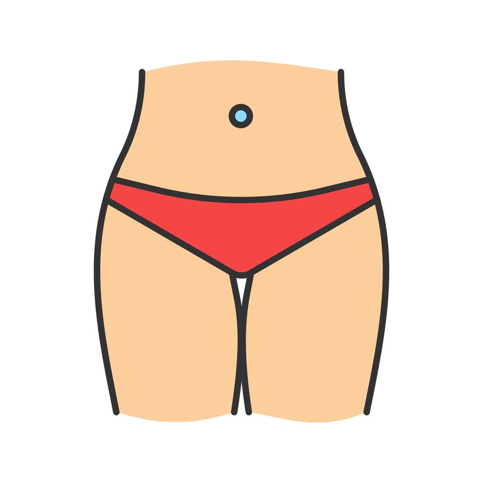 Slim woman waist color icon. Bikini zone. Navel piercing. Isolated vector illustration
