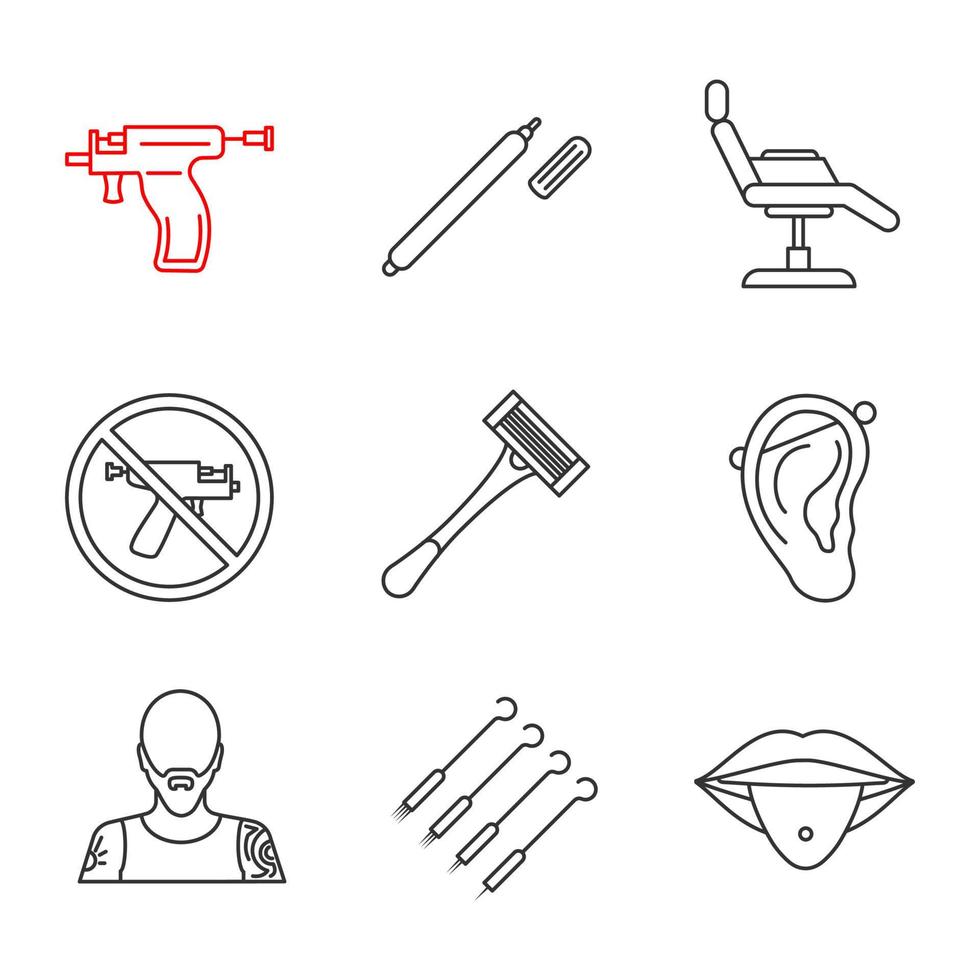 Tattoo studio linear icons set. Highlighter, tattoo chair, piercing gun prohibition, razor, pierced ear and tongue, tattooist, needles. Thin line contour symbols. Isolated vector outline illustrations