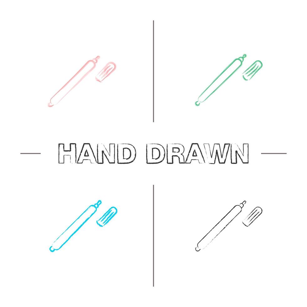 Marker pen hand drawn icons set. Highlighter. Color brush stroke. Isolated vector sketchy illustrations