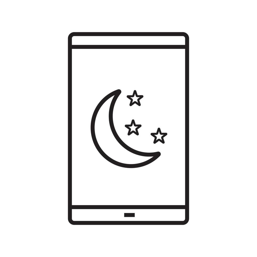 Smartphone night mode linear icon. Thin line illustration. Smart phone with moon and stars contour symbol. Vector isolated outline drawing