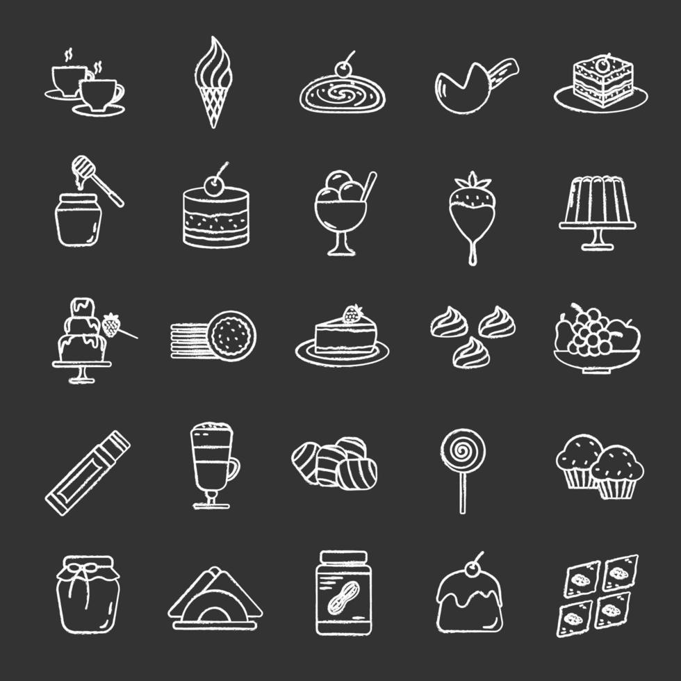 Confectionery chalk icons set. Coffee house menu. Sweets, cakes, hot drinks, desserts. Isolated vector chalkboard illustrations