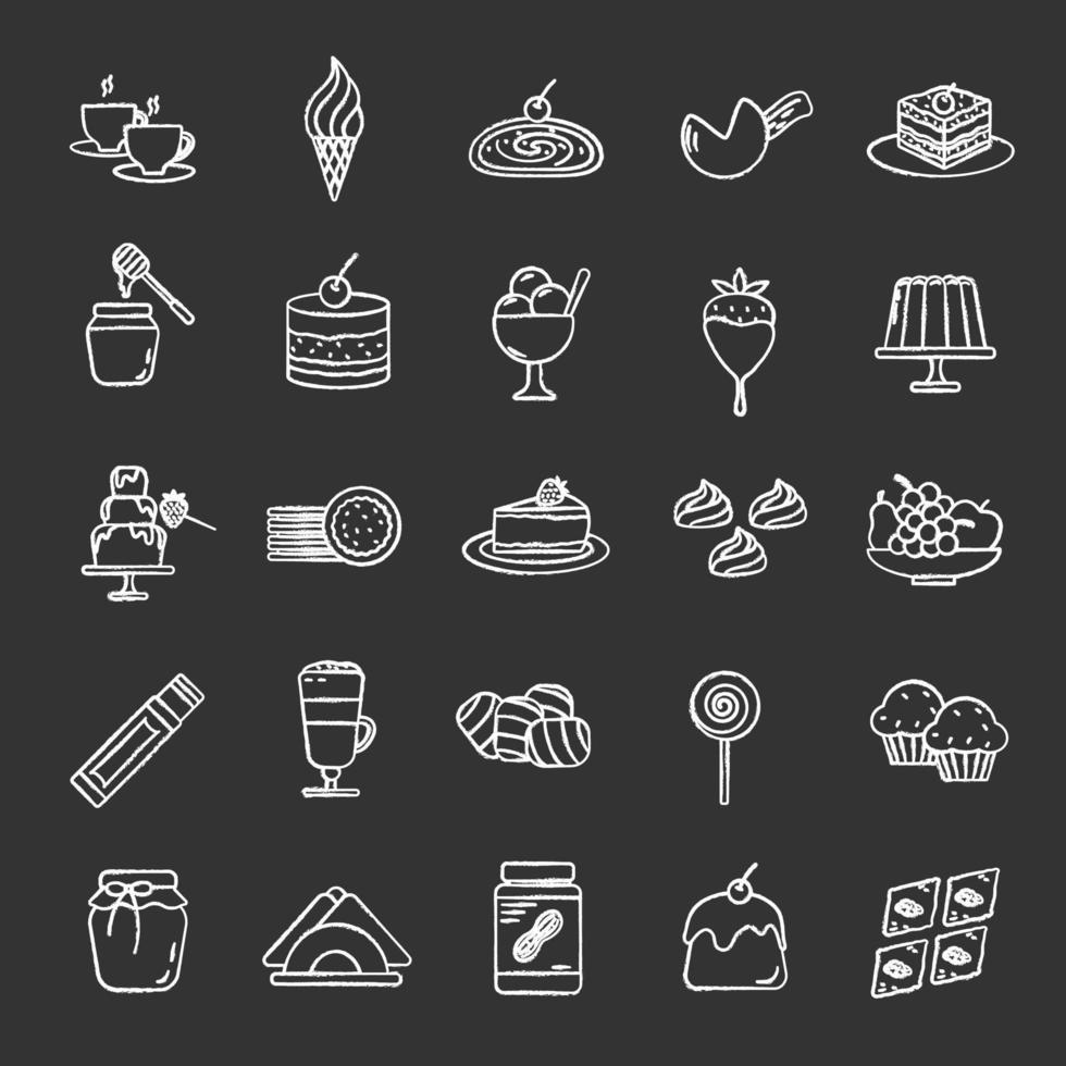 Confectionery chalk icons set. Coffee house menu. Sweets, cakes, hot drinks, desserts. Isolated vector chalkboard illustrations