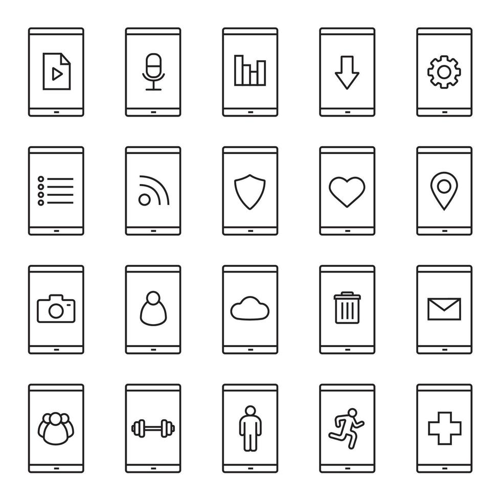 Conjunto de iconos lineales de aplicaciones de teléfonos inteligentes. usuarios de teléfonos inteligentes, configuraciones, gps, sms, computación en la nube, archivos multimedia, basura, aplicaciones médicas y deportivas. símbolos de contorno de línea fina. ilustraciones vectoriales aisladas vector