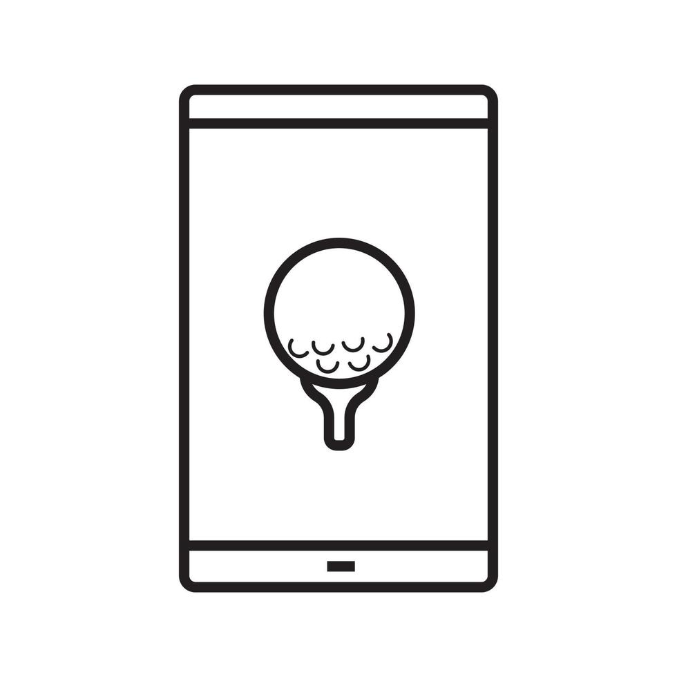 Smartphone golf game app linear icon. Thin line illustration. Smart phone with golf ball on tee contour symbol. Vector isolated outline drawing