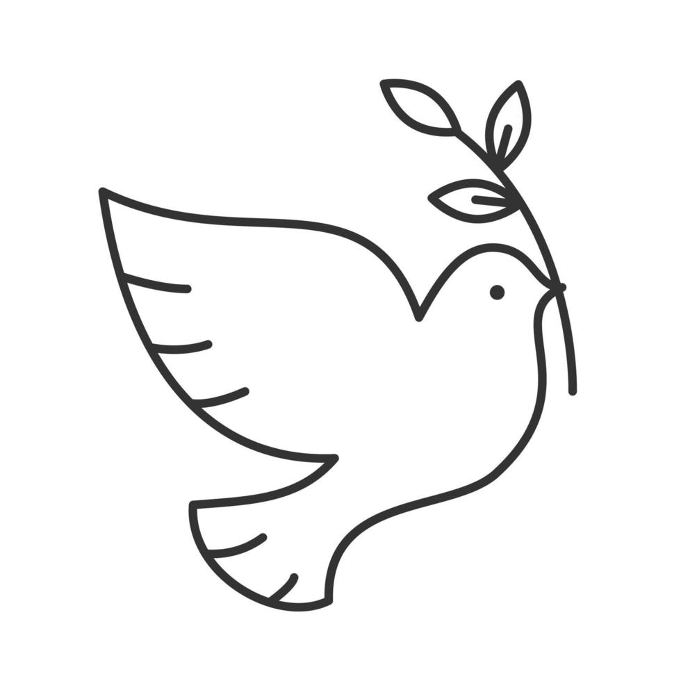 Dove with olive brunch linear icon. Thin line illustration. Peace Day contour symbol. Vector isolated outline drawing