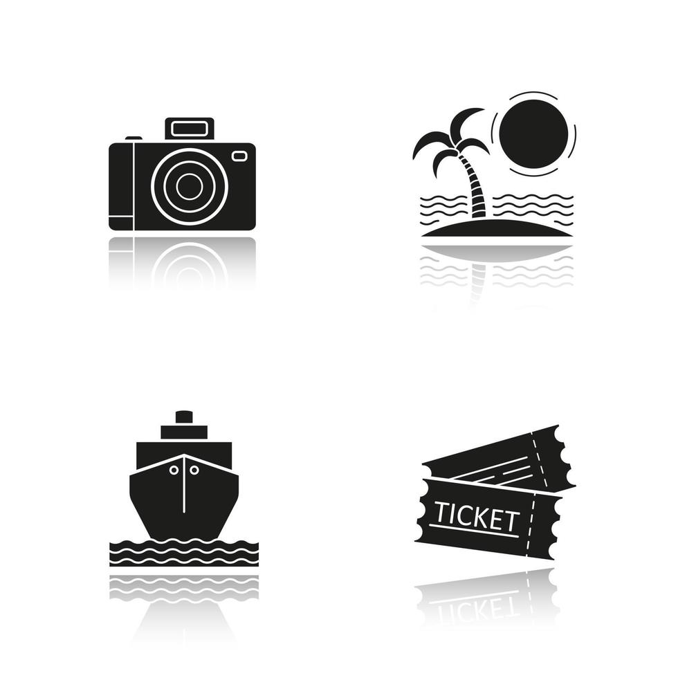 Travel and tourism drop shadow black icons set. Tropical island with palm and sea waves, photo camera, cruise ship, trip tickets. Isolated vector illustrations