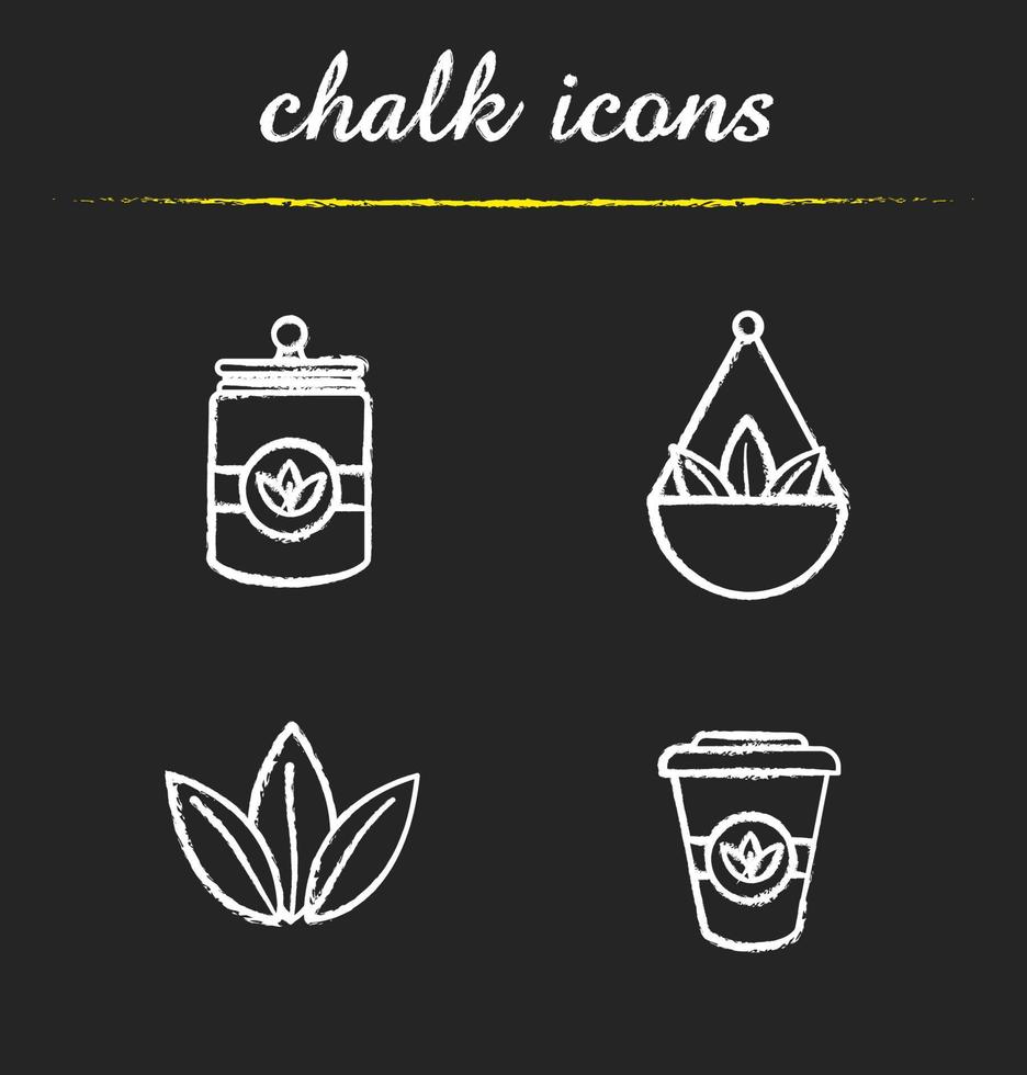 Tea chalk icons set. Loose tea leaves in bulk, disposable paper cup, container. Isolated vector chalkboard illustrations