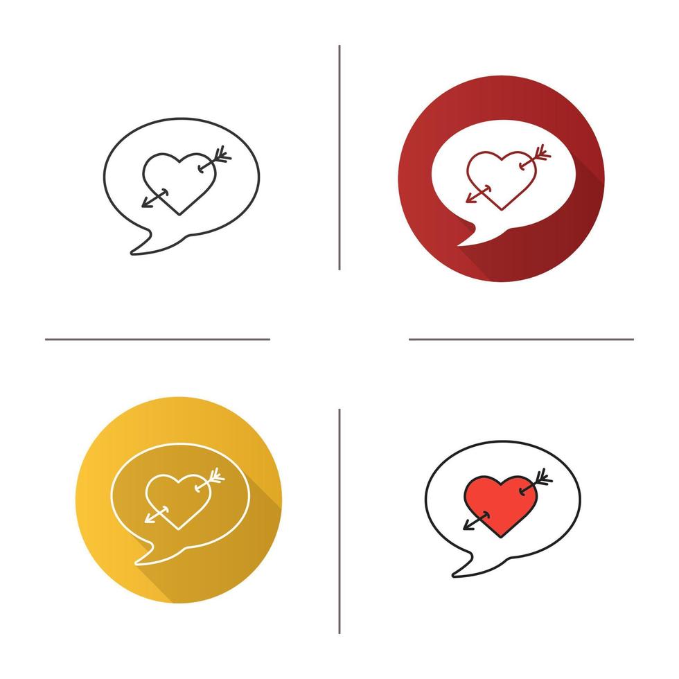 Love message icon. Flat design, linear and color styles. Romantic sms with arrow piercing heart. Isolated vector illustrations
