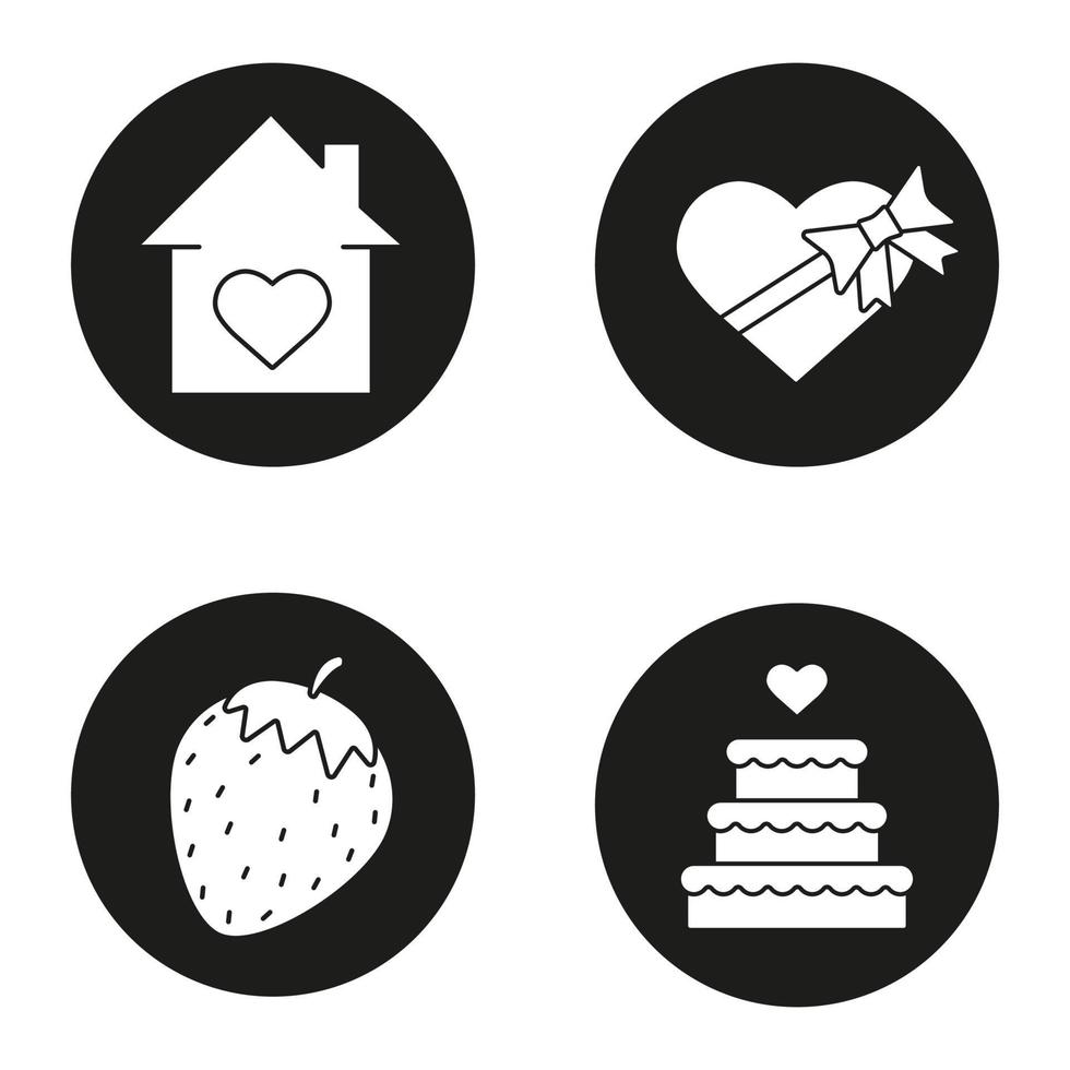 Romantics icons set. House with heart shape, candies box with bow and ribbon, strawberry, wedding cake. Vector white silhouettes illustrations in black circles