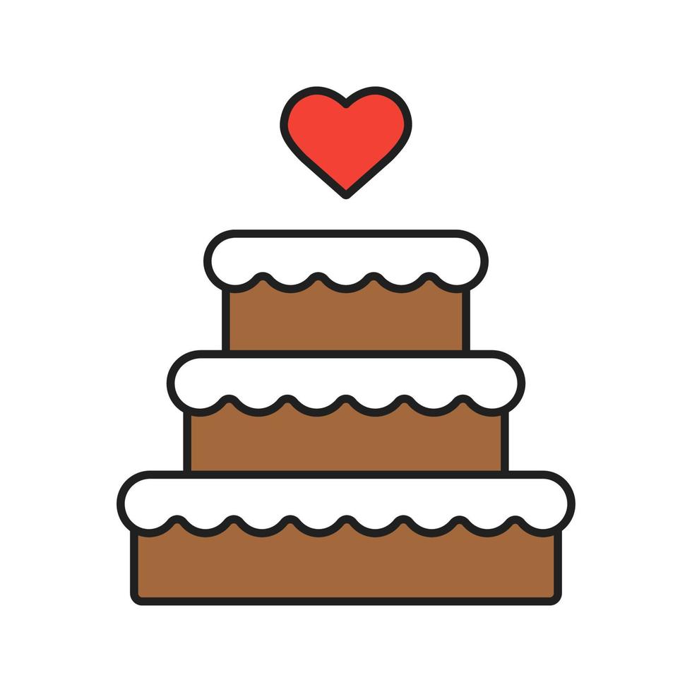 Wedding cake color icon. Chocolate cake with heart shape above. Isolated vector illustrations