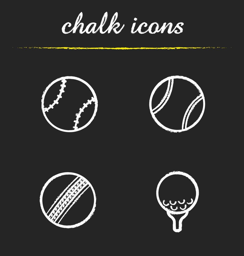 Sport game balls chalk icons set. Baseball, tennis, cricket and golf ball on tee. Sport equipment. Isolated vector chalkboard illustrations