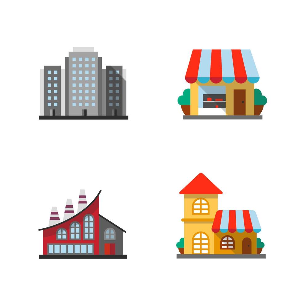 City buildings flat design long shadow color icons set. Multi-storey building, shop, plant, restaurant. Vector silhouette illustrations