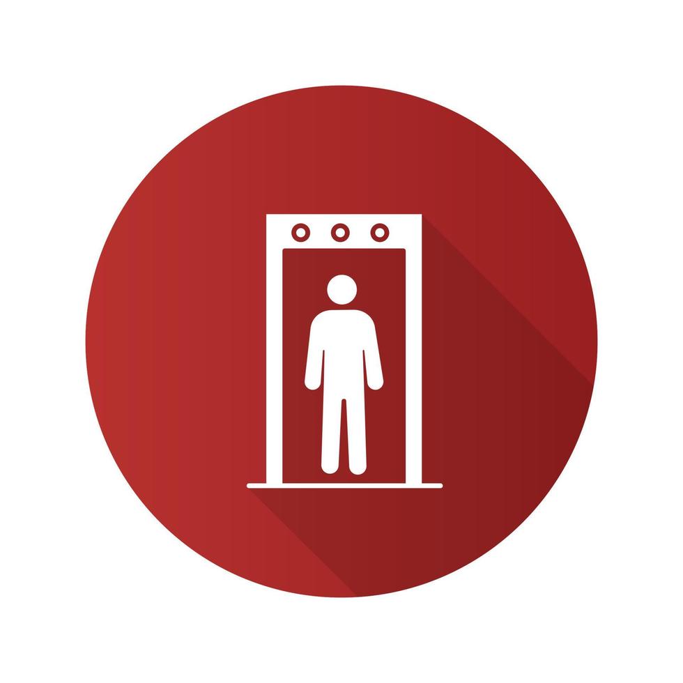 Icono de glifo de larga sombra de diseño plano de portal de detector de metales. escáner de seguridad del aeropuerto con persona en el interior. ilustración de silueta de vector