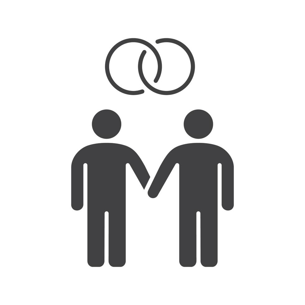 Gay marriage icon. Homosexual couple silhouette symbol. Two men holding hands. Negative space. Vector isolated illustration