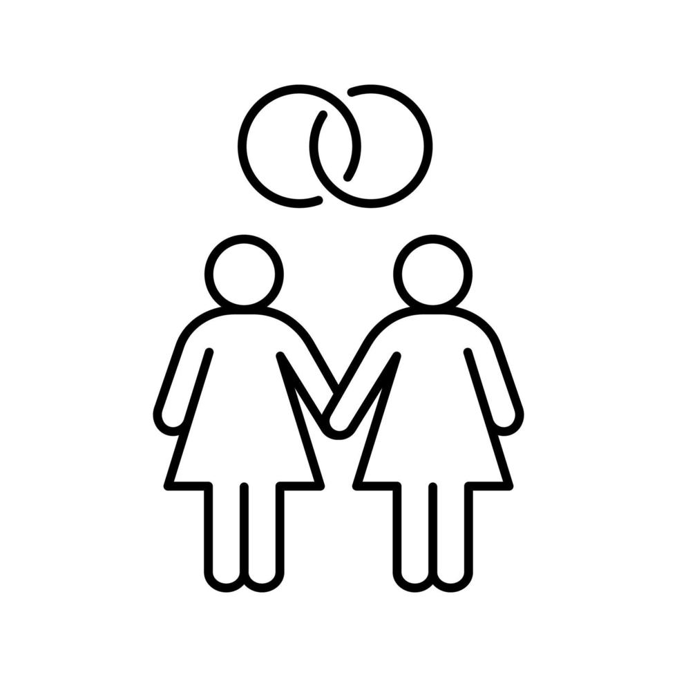 Lesbian marriage linear icon. Thin line illustration. Two women with interlocked wedding rings above. Contour symbol. Vector isolated outline drawing