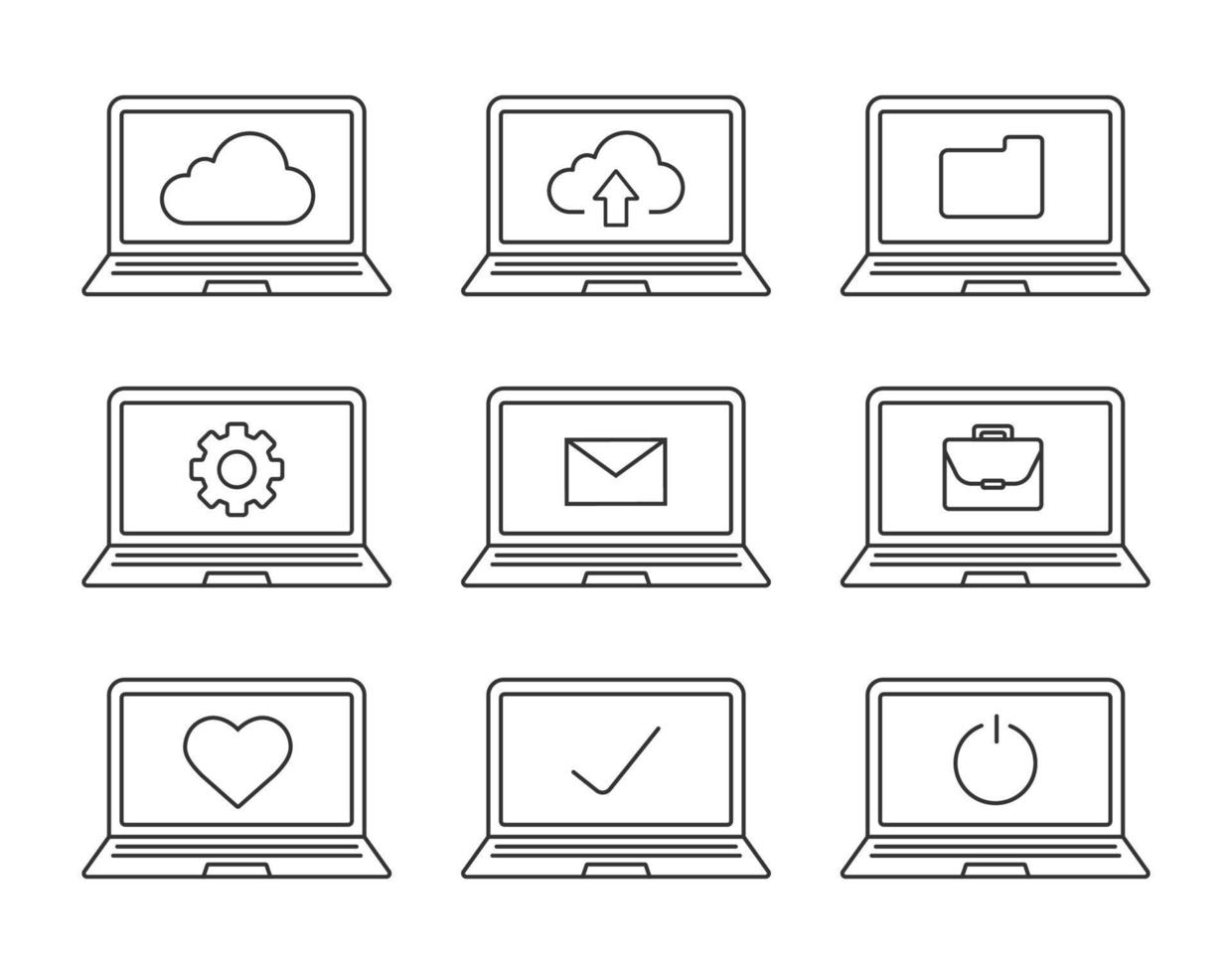 Laptops linear icons set. Laptops with folder, settings, cloud computing, email, tick, heart, briefcase, turn off button. Thin line contour symbols. Isolated vector illustrations