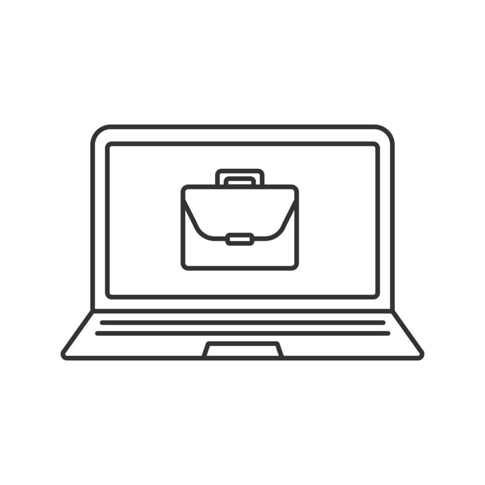 Work laptop linear icon. Thin line illustration. Business notebook with briefcase contour symbol. Vector isolated outline drawing