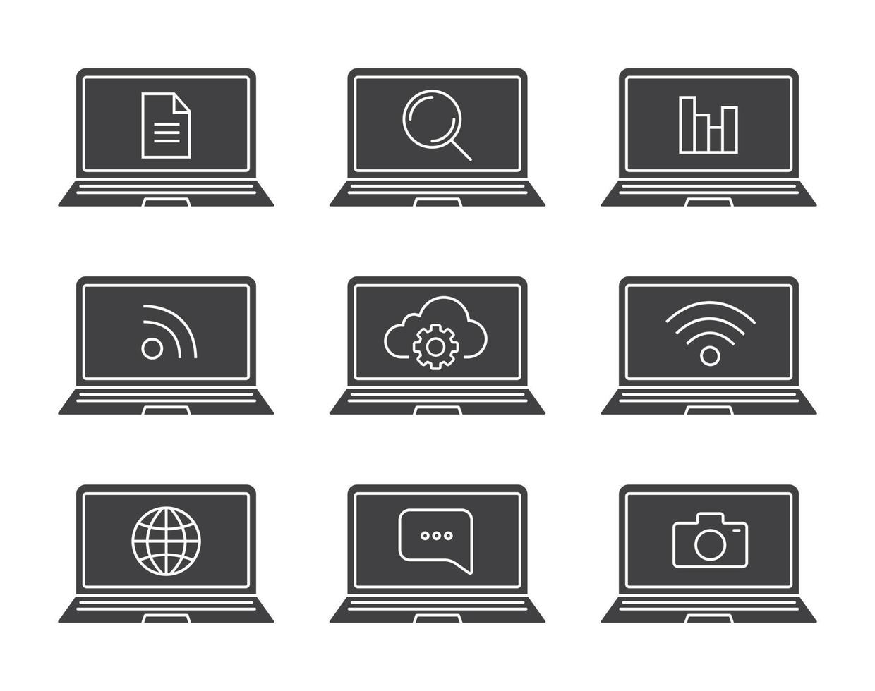 Laptops glyph icons set. Silhouette symbols. Laptops with wifi signal, rss, statistics, search, message, document, photocamera, cloud computing, Vector isolated illustration
