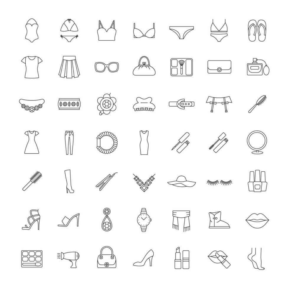 Women accessories linear icons set. Clothes, cosmetics, jewelry, footwear, manicure equipment. Thin line contour symbols. Isolated vector illustrations