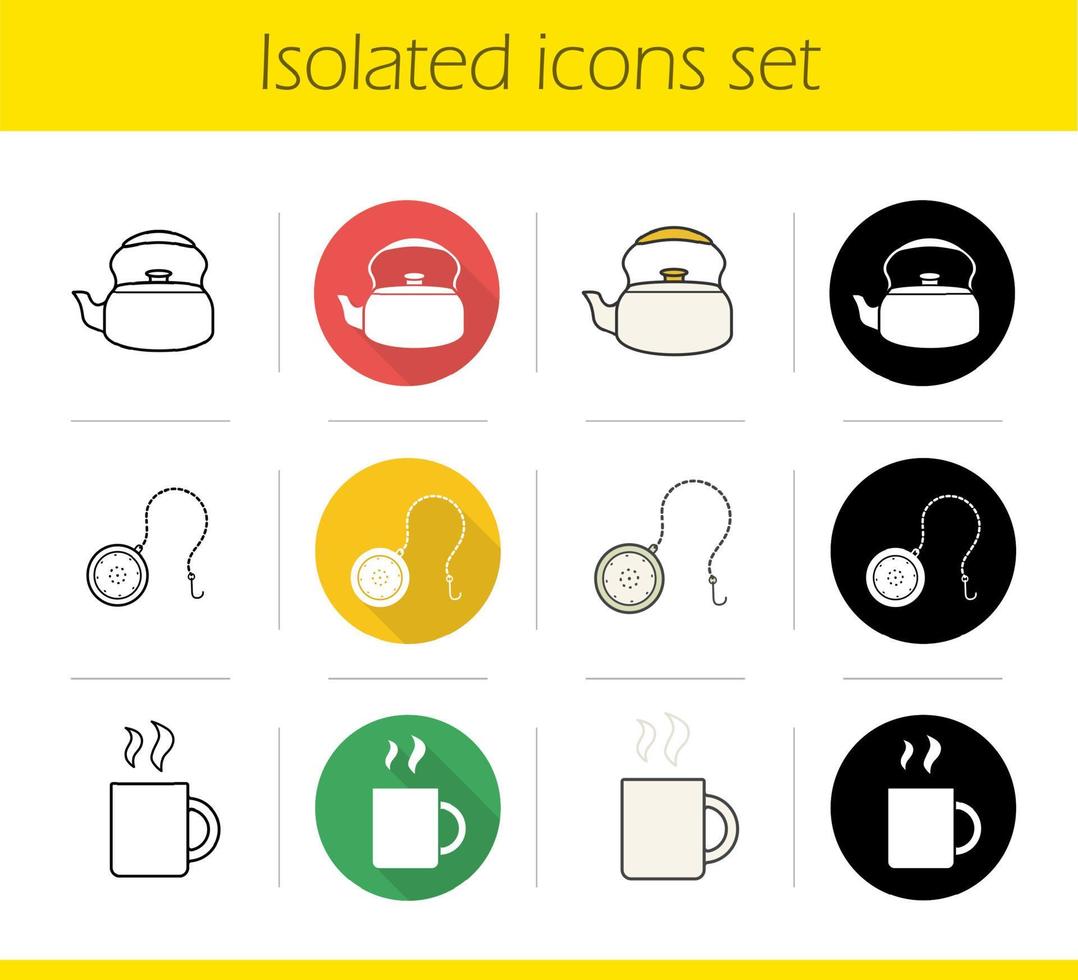Tea icons set. Flat design, linear, black and color styles. Kettle, teaball infuser, hot steaming mug. Isolated vector illustrations