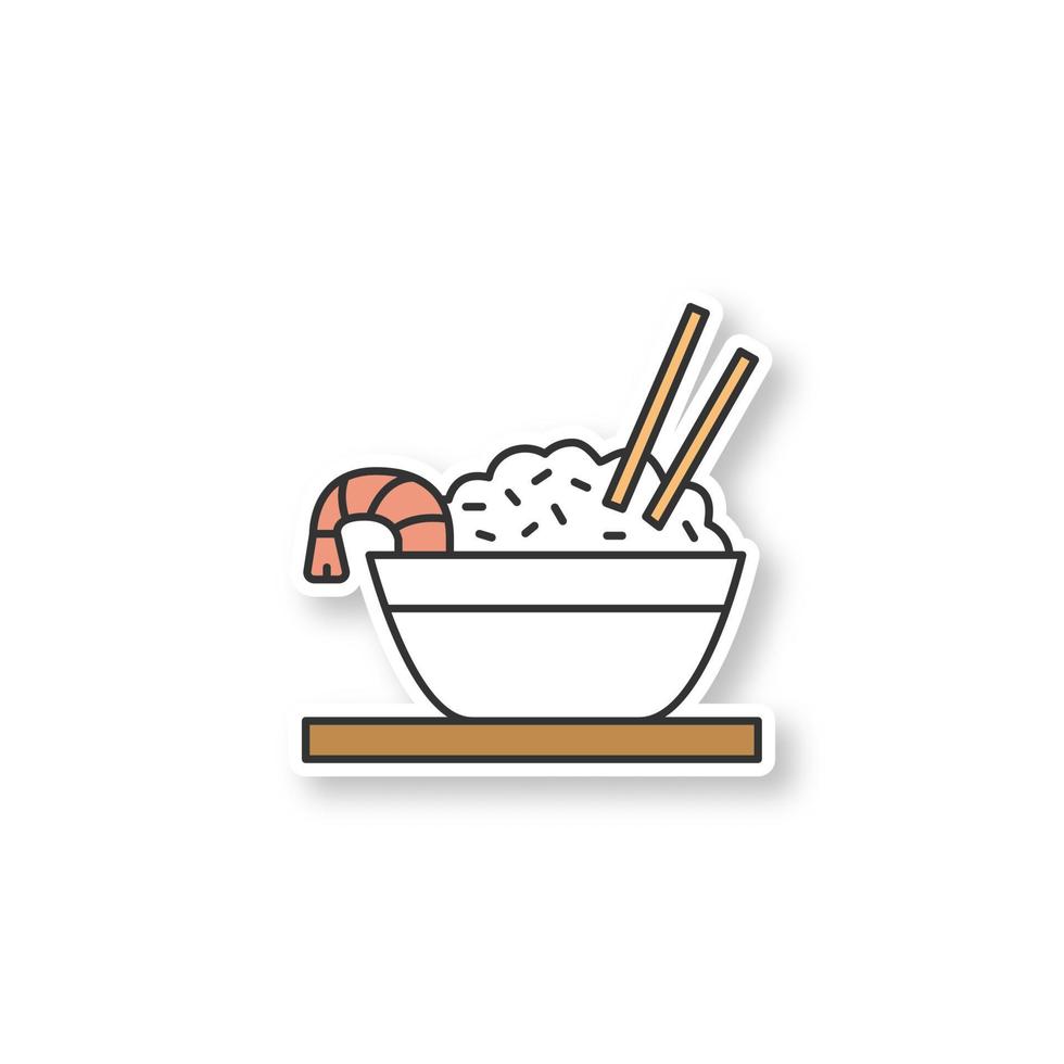 Rice with shrimps patch. Chinese fried rice in bowl and chopsticks. Color sticker. Vector isolated illustration