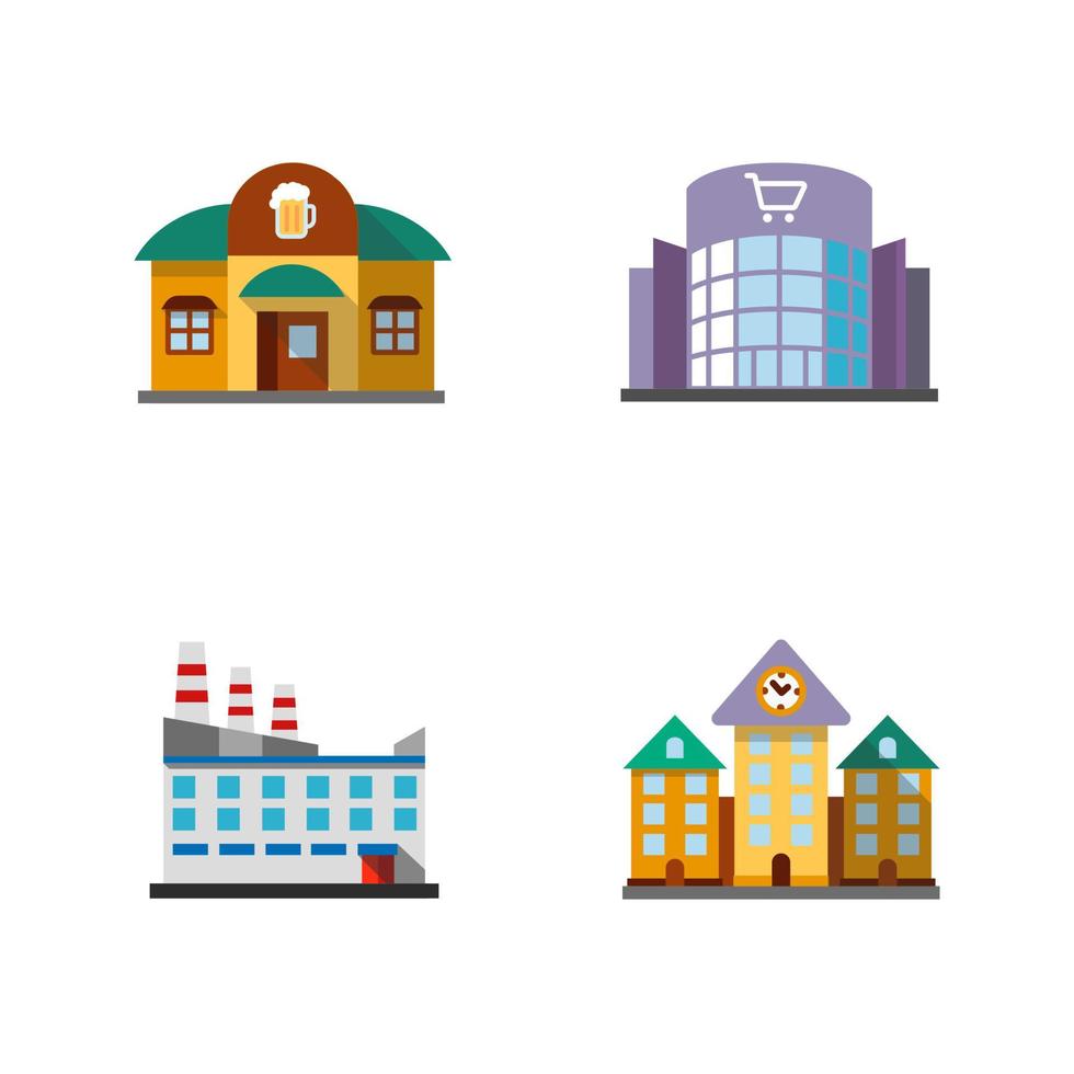 Conjunto de iconos de colores de larga sombra de diseño plano de edificios de la ciudad. pub, centro comercial, planta, ayuntamiento. ilustraciones de silueta de vector