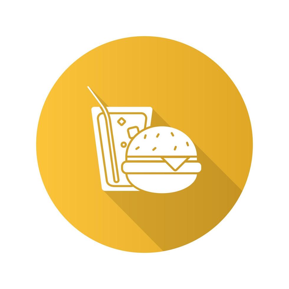 Icono de glifo de larga sombra de diseño plano de hamburguesa y refresco. Comida rápida. sándwich con limonada. ilustración de silueta de vector